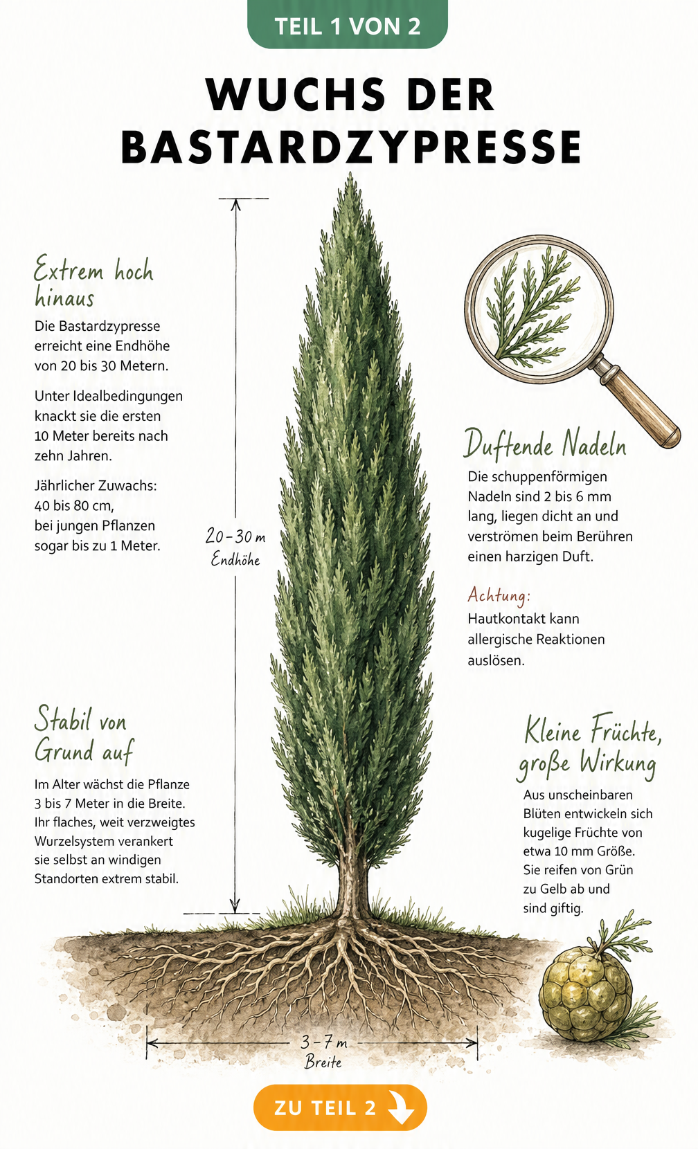 Botanische Illustration der Bastardzypresse mit Details zu Wuchshöhe, Nadeln, Wurzeln und Zapfen