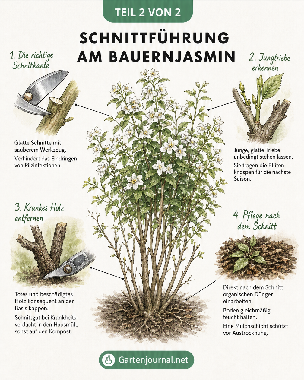 Detailansichten zur Schnittführung am Bauernjasmin: glatte Schnittkante, Jungtriebe erkennen, krankes Holz entfernen und Pflege nach dem Schnitt.