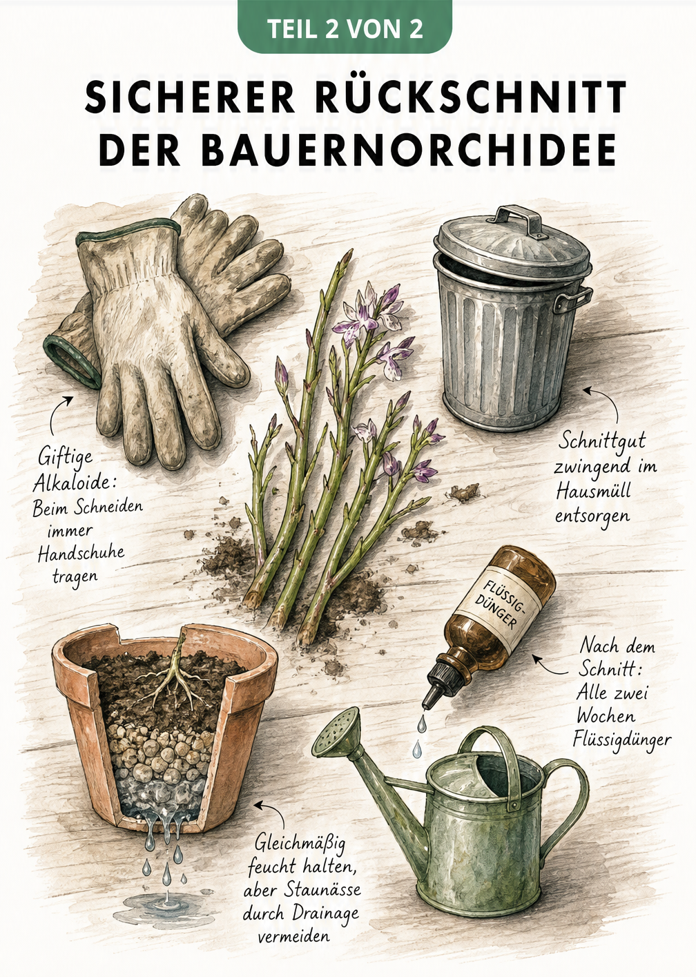 Illustration von Gartenhandschuhen, Mülltonne, Dünger und Blumentopf mit Drainage für die Bauernorchidee