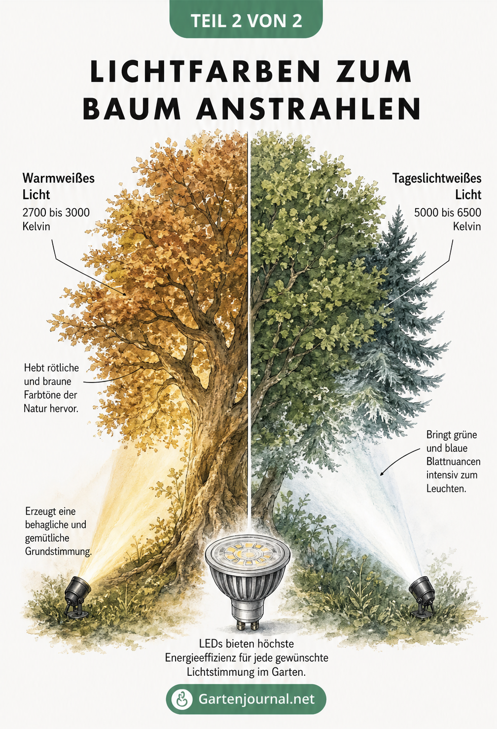 Illustration eines Baumes, links mit warmweißem Licht und herbstlichem Laub, rechts mit tageslichtweißem Licht und grünem Laub