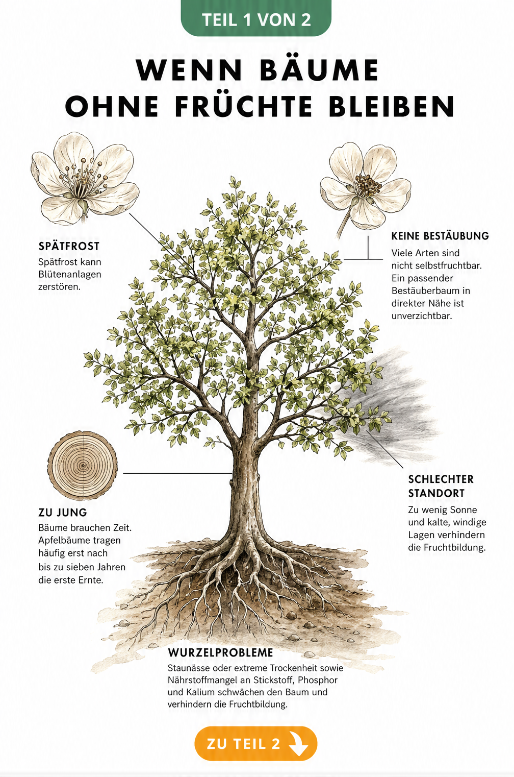 Botanische Illustration eines Obstbaumes ohne Früchte, die Ursachen wie Staunässe, Spätfrost und fehlende Bestäuber zeigt.