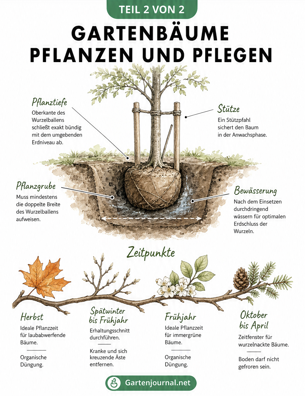 Querschnitt-Zeichnung eines frisch gepflanzten Baumes mit Details zu Pflanztiefe, Pflanzgrube, Stützpfahl und Bewässerung sowie einem Jahreszeitstrahl zur...