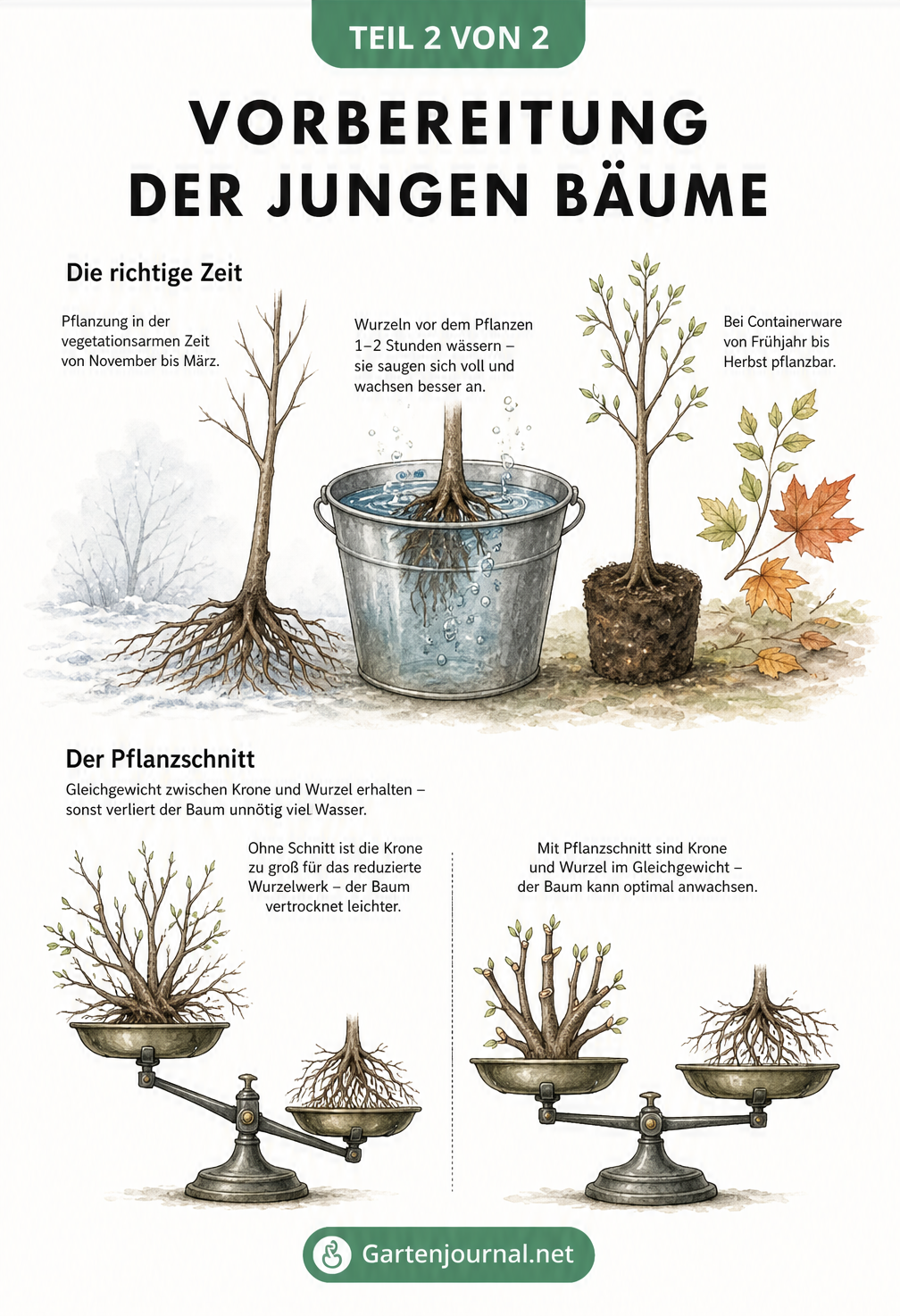 Illustration zur Vorbereitung von Jungbäumen mit Wässern im Eimer und Pflanzschnitt auf einer Waage