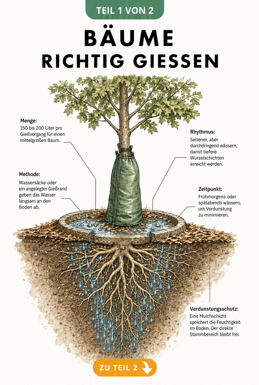 Botanische Schnittzeichnung eines Baumes mit Wassersack, Gießrand und tiefem Wasserverlauf im Erdreich