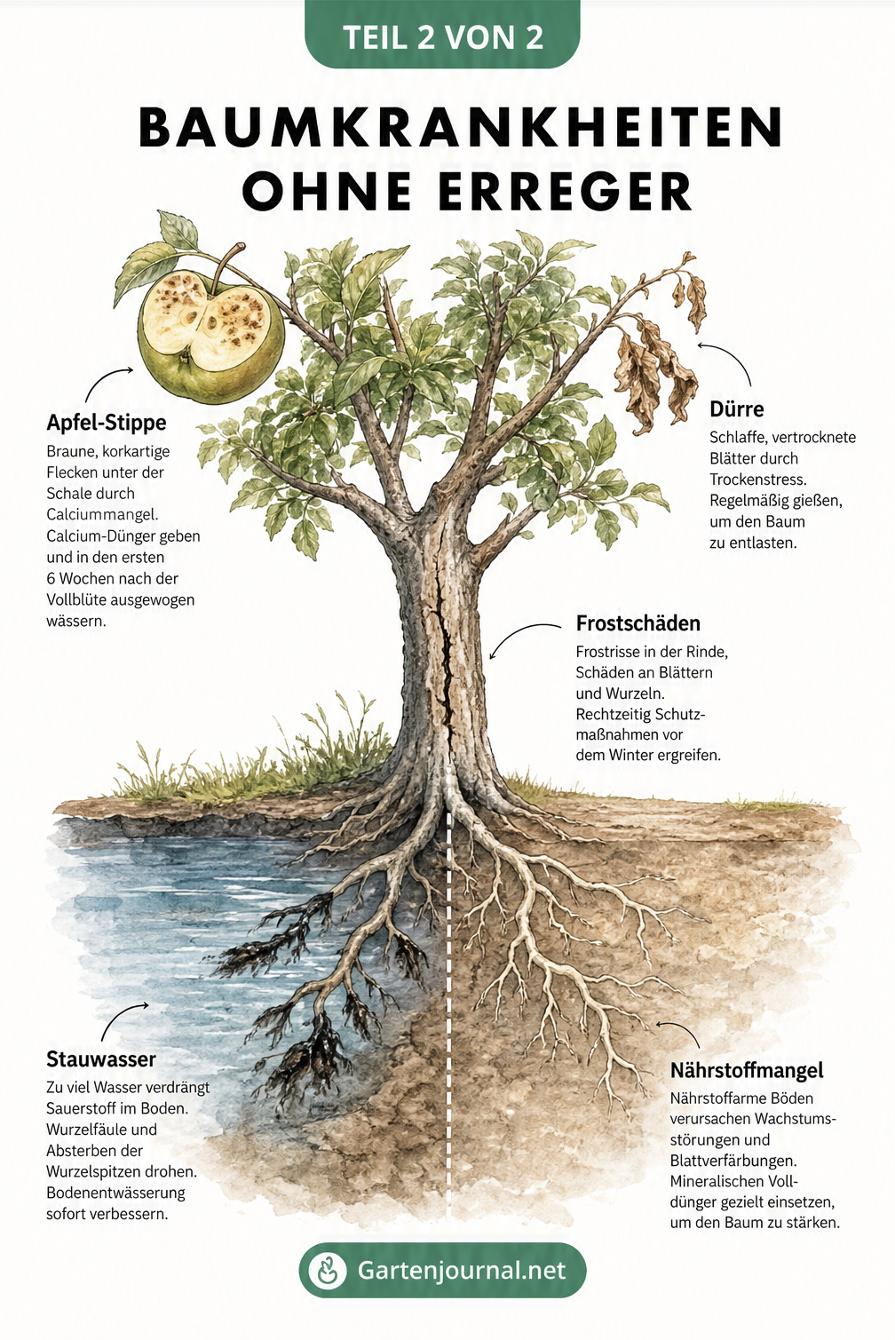 Schnittdarstellung eines Baumes, die Schäden durch Calciummangel, Dürre, Frost, Stauwasser und Nährstoffmangel zeigt