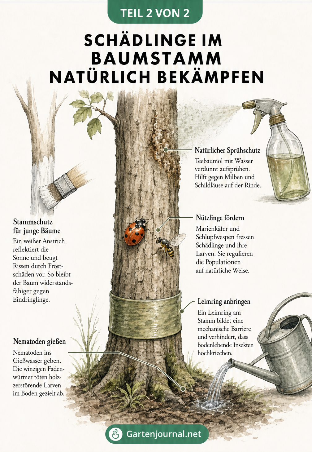 Illustration natürlicher Methoden zur Schädlingsbekämpfung am Baum wie Leimring, Nematoden, Nützlinge, Teebaumöl und Stammanstrich