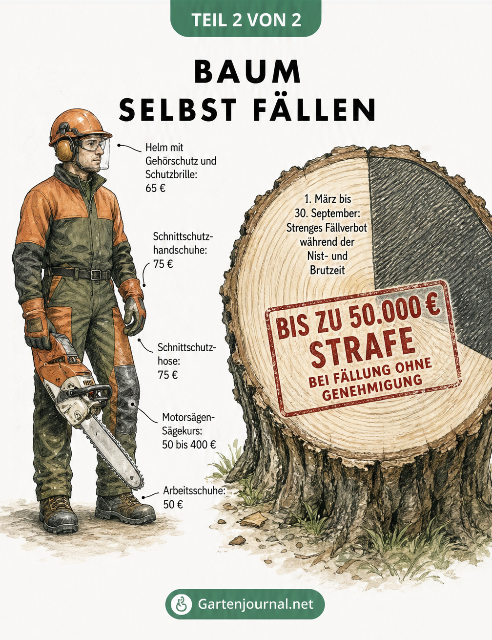 Skizze eines Forstarbeiters mit Schutzausrüstung und Baumstumpf mit Hinweis auf Fällverbot