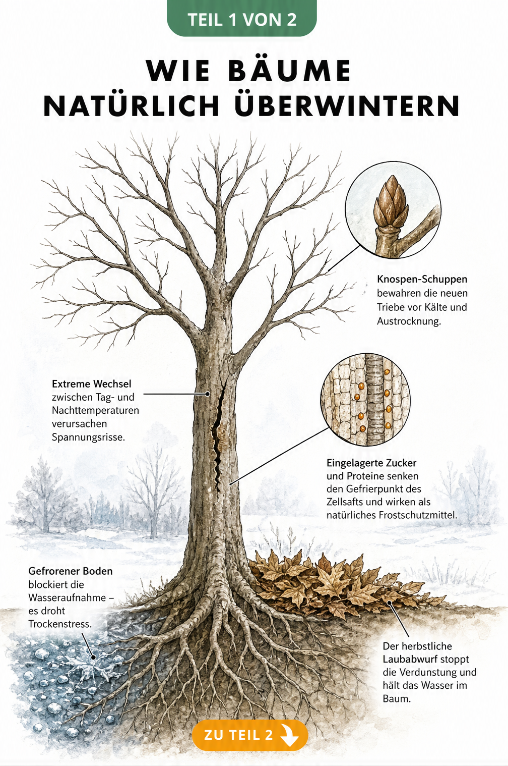 Botanische Illustration eines laublosen Baumes im winterlichen Querschnitt, die natürliche Schutzmechanismen und Gefahren durch Frost zeigt.