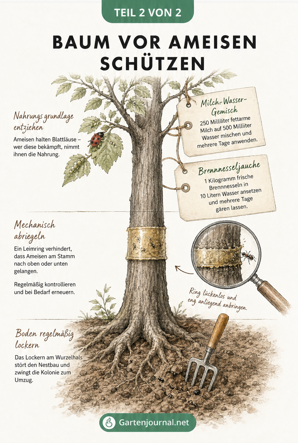 Zeichnung eines Baumes mit Leimring am Stamm und Rezepturen für Milch-Wasser-Gemisch und Brennnesseljauche gegen Blattläuse