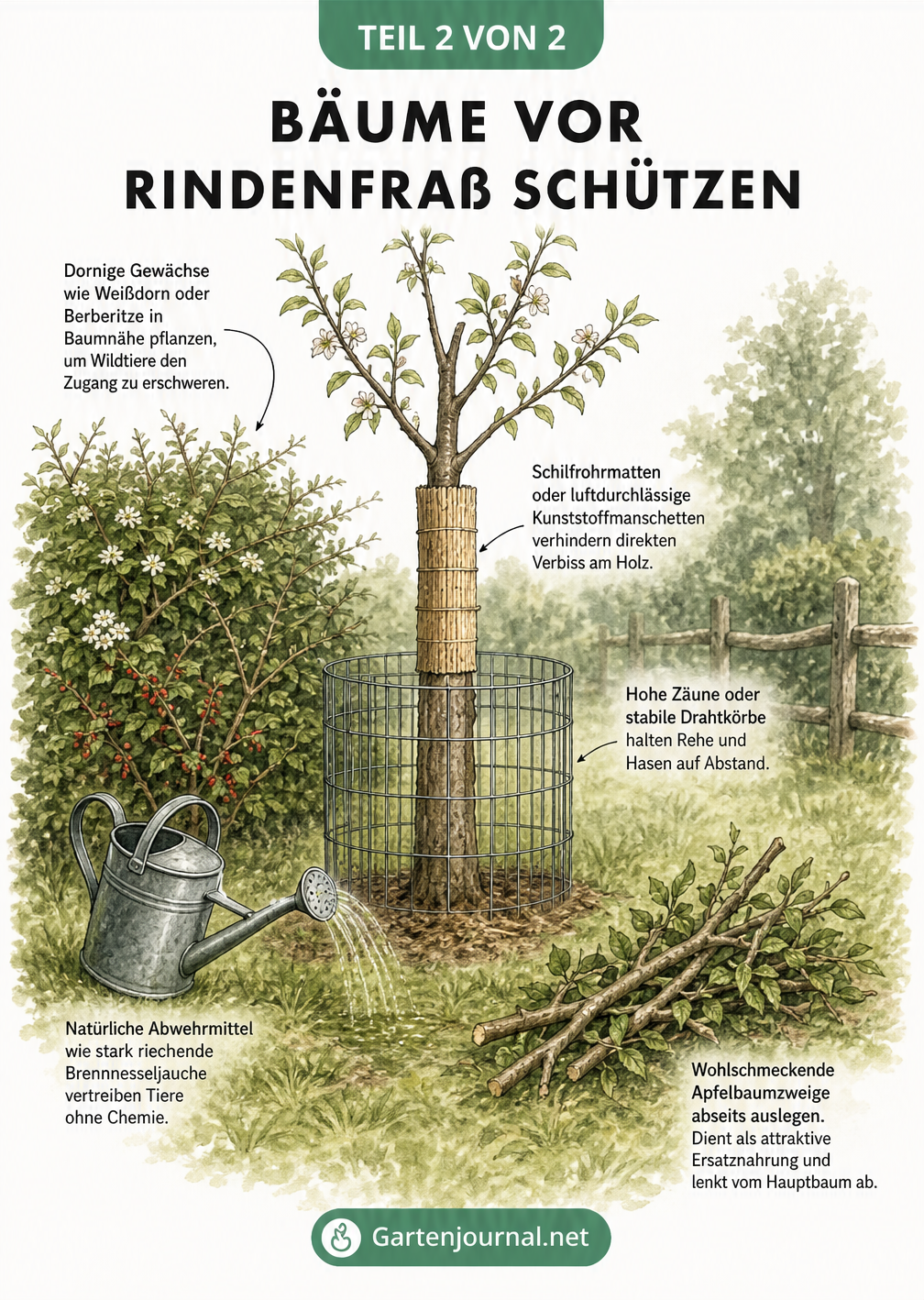 Gartenszene mit einem jungen Obstbaum, der durch Schilfrohrmatte, Drahtkorb, dornige Hecke und Ablenkungsfütterung vor Wildverbiss geschützt wird