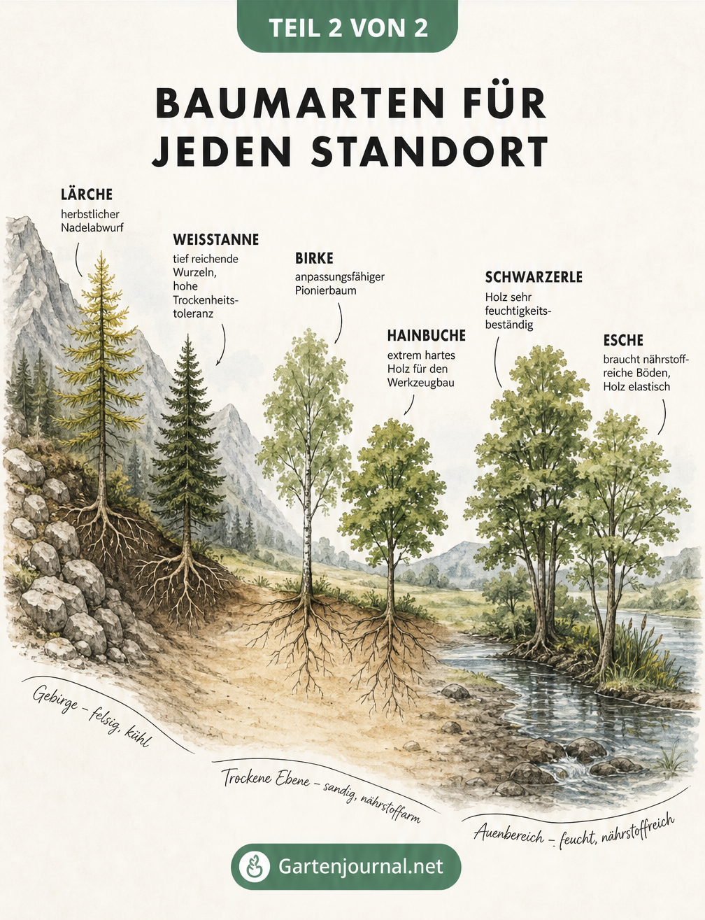 Aquarell-Landschaftsprofil mit passenden Baumarten für verschiedene Standorte: Lärche, Weißtanne, Birke, Hainbuche, Schwarzerle und Esche