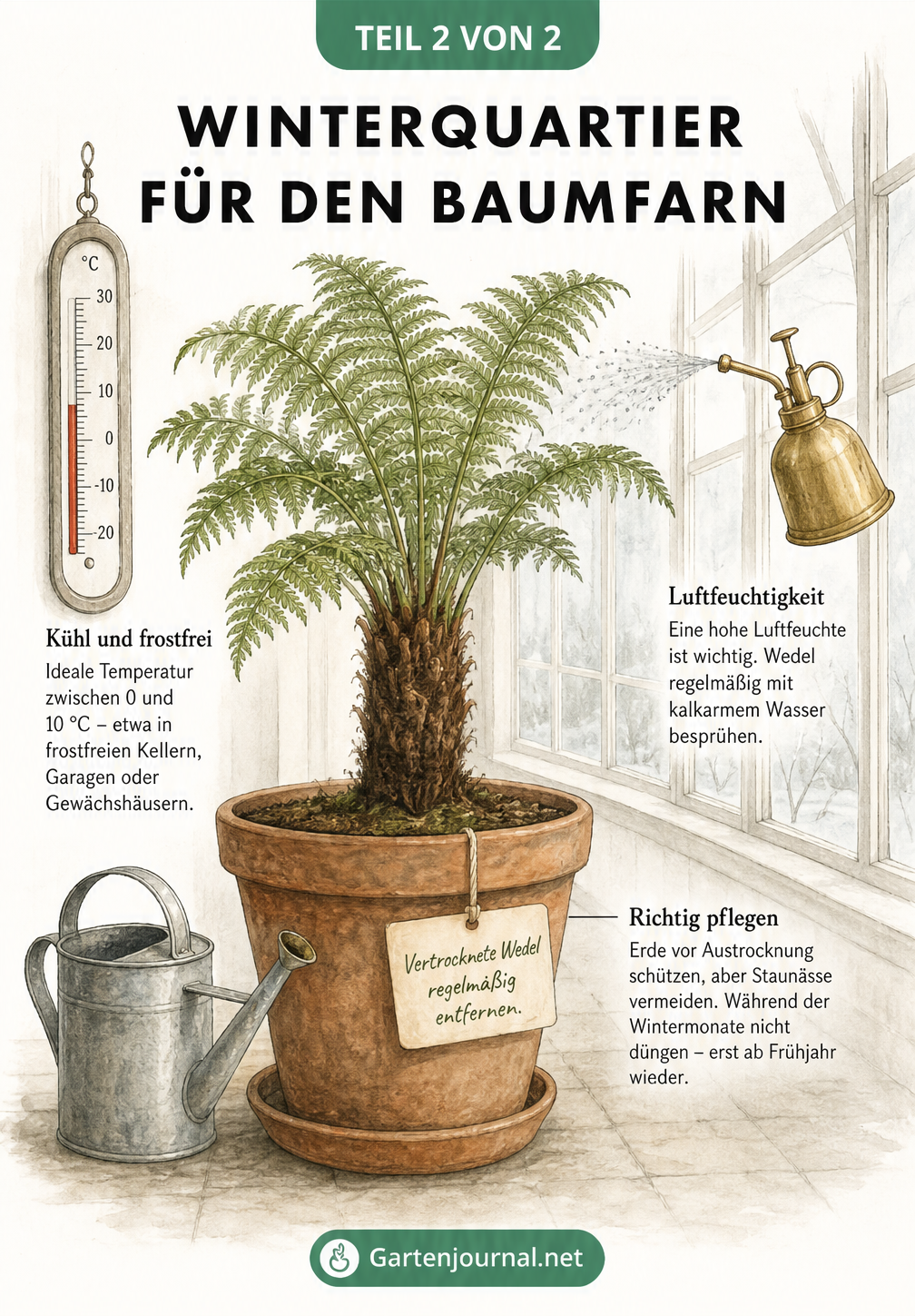 Skizze eines Baumfarns im Kübel im Winterquartier mit Thermometer, Pflanzenspritze und Gießkanne.