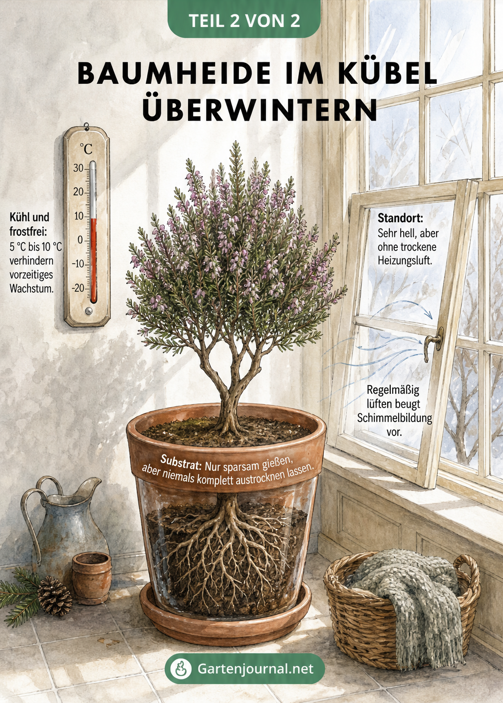 Aquarell-Zeichnung einer Baumheide im Kübel in einem hellen, kühlen Winterquartier