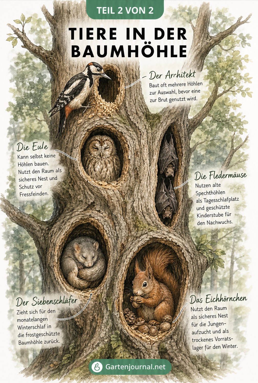 Illustration eines alten Baumes im Querschnitt mit Specht, Eule, Fledermaus, Siebenschläfer und Eichhörnchen in Baumhöhlen