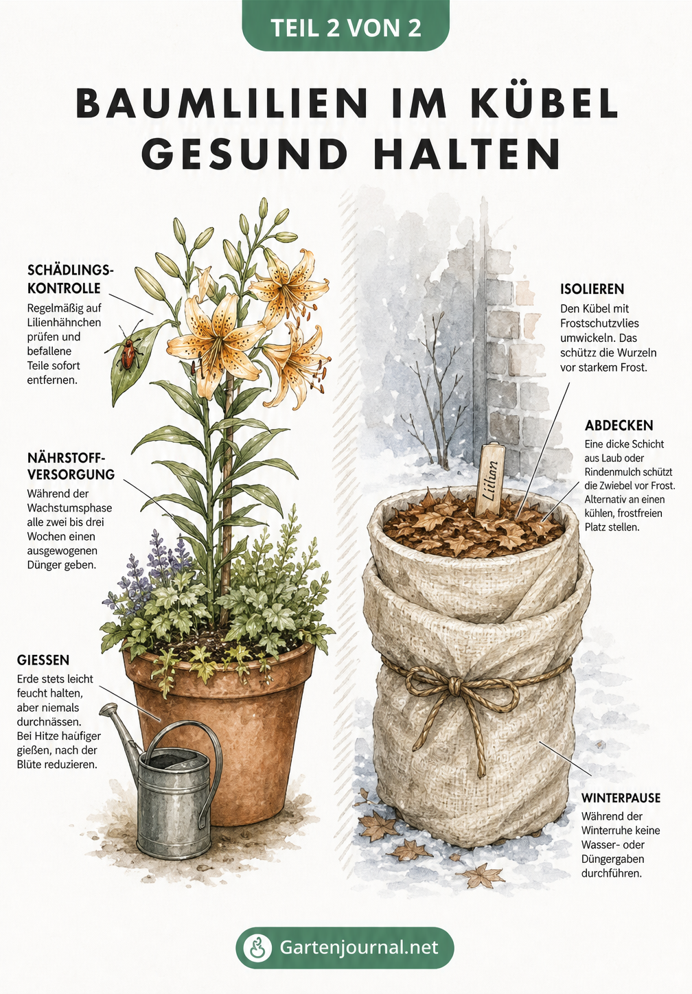 Zweigeteilte Illustration einer Baumlilie im Kübel: links in voller Sommerblüte mit Pflegehinweisen, rechts im winterlichen Ruhezustand mit Frostschutz.