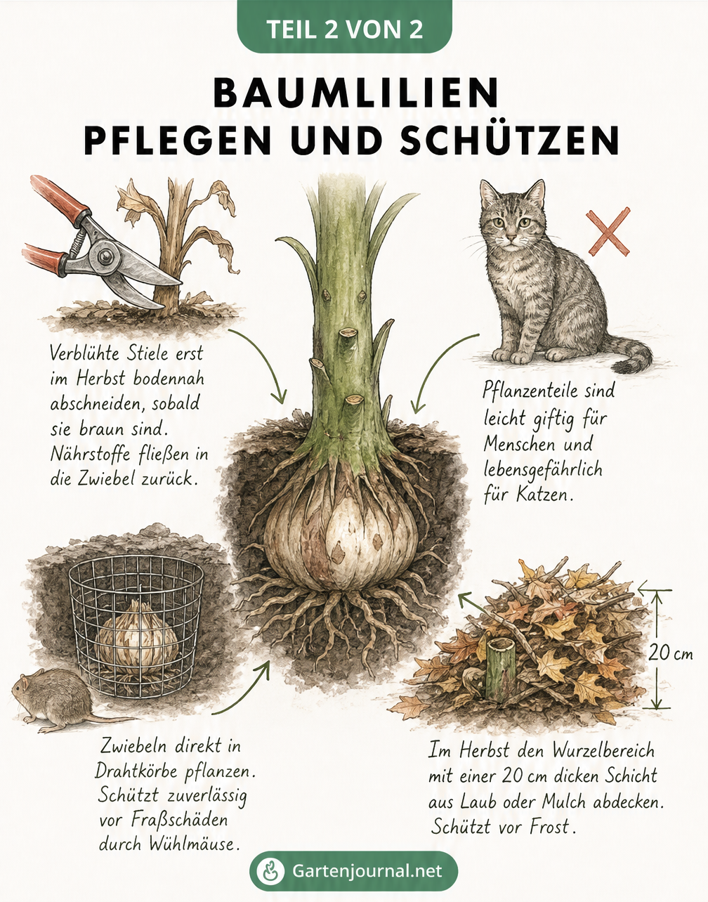 Skizze zur Pflege von Baumlilien mit Details zu Rückschnitt, Wühlmausschutz, Giftigkeit und Winterschutz