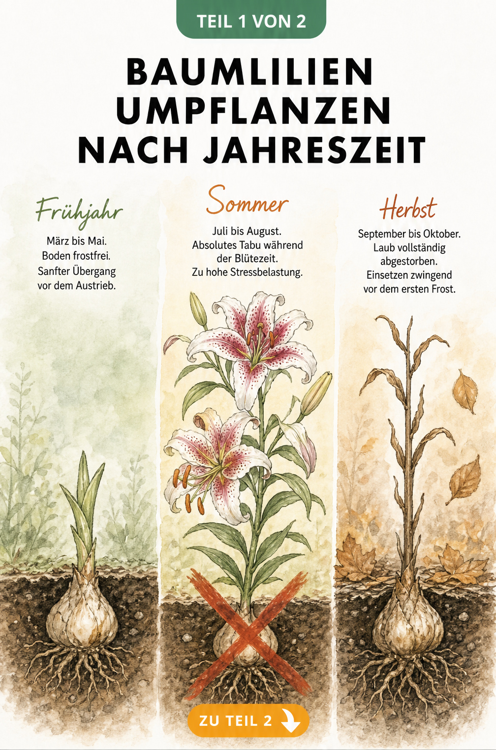 Illustration der drei Jahreszeiten zum Umpflanzen von Baumlilien: Frühjahr, Sommer und Herbst