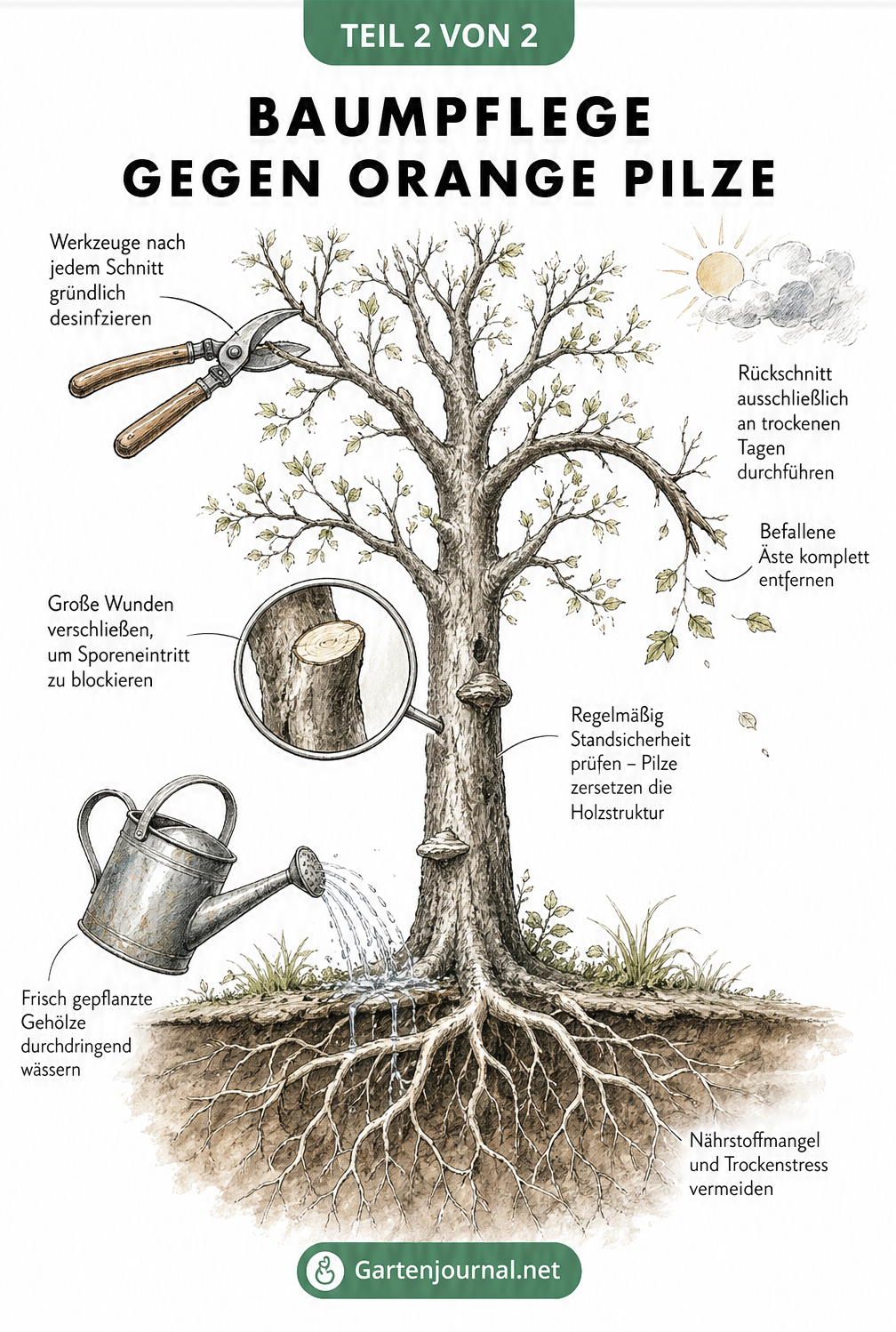 Baumpflege gegen orange Pilze als Infografik