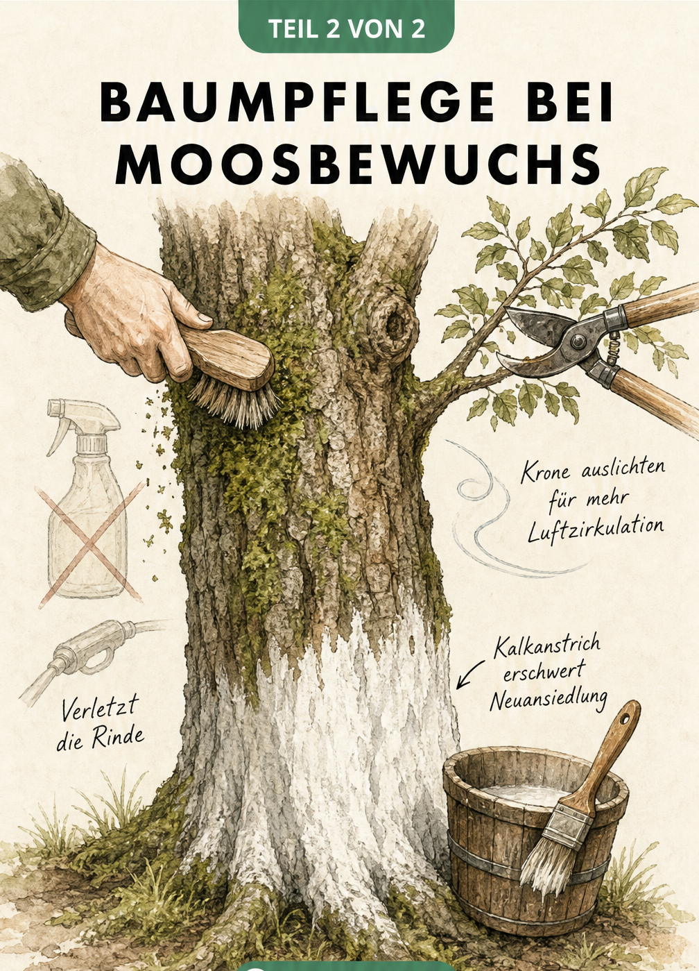 Illustration verschiedener Baumpflegemaßnahmen bei Moosbewuchs wie Abbürsten, Auslichten der Krone und Kalkanstrich