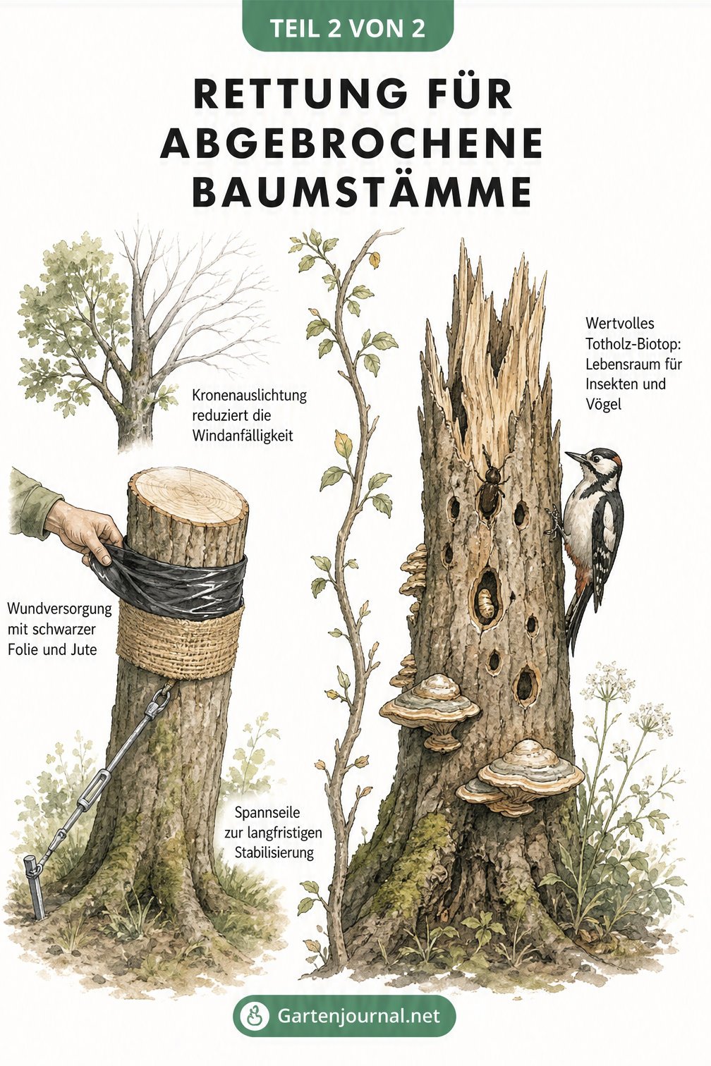 Illustration zur Wundversorgung eines Baumstamms und der Nutzung als Totholz-Biotop