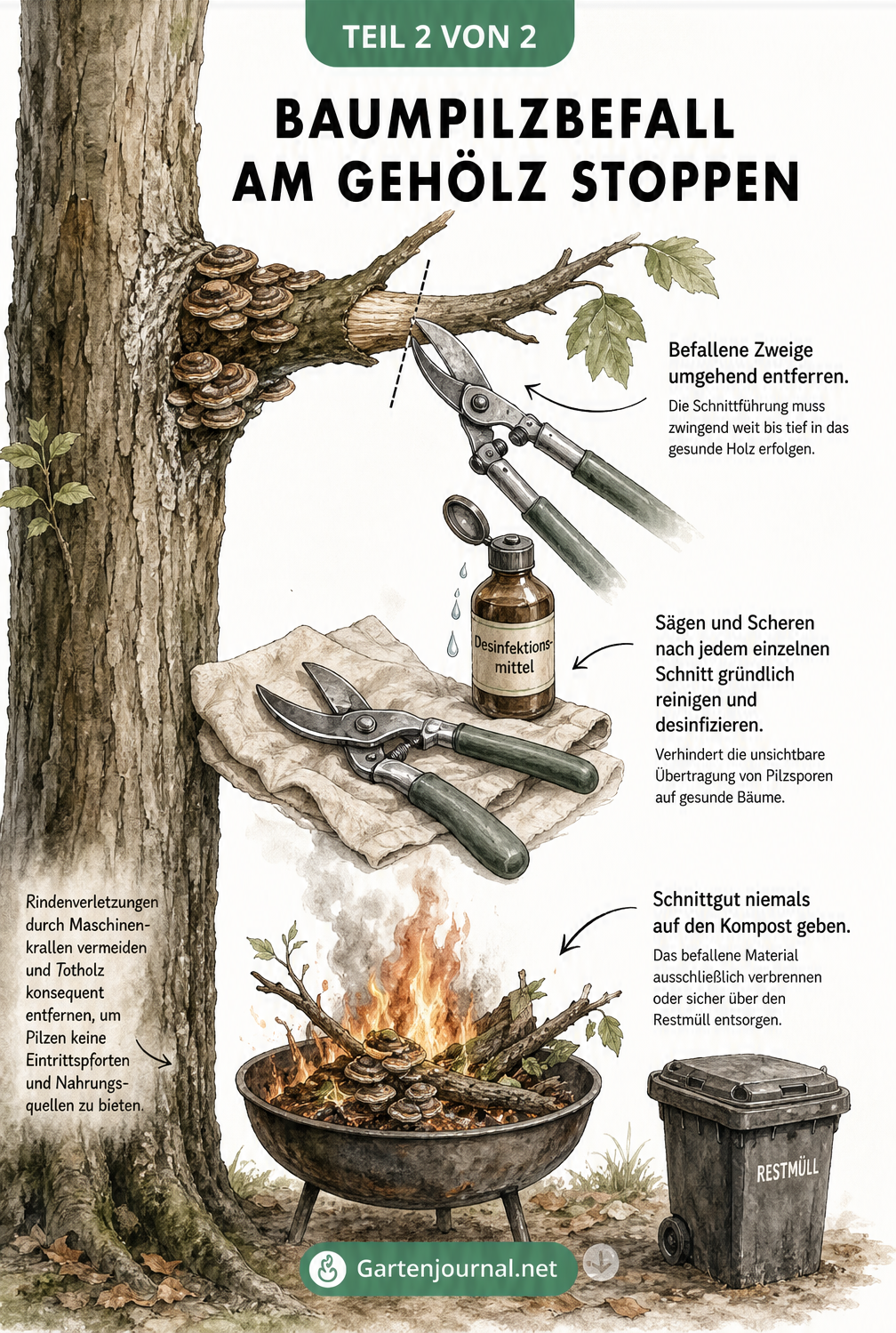 Illustration einer Astschere beim Schnitt eines befallenen Astes, Desinfektion des Werkzeugs und Verbrennung des Schnittguts