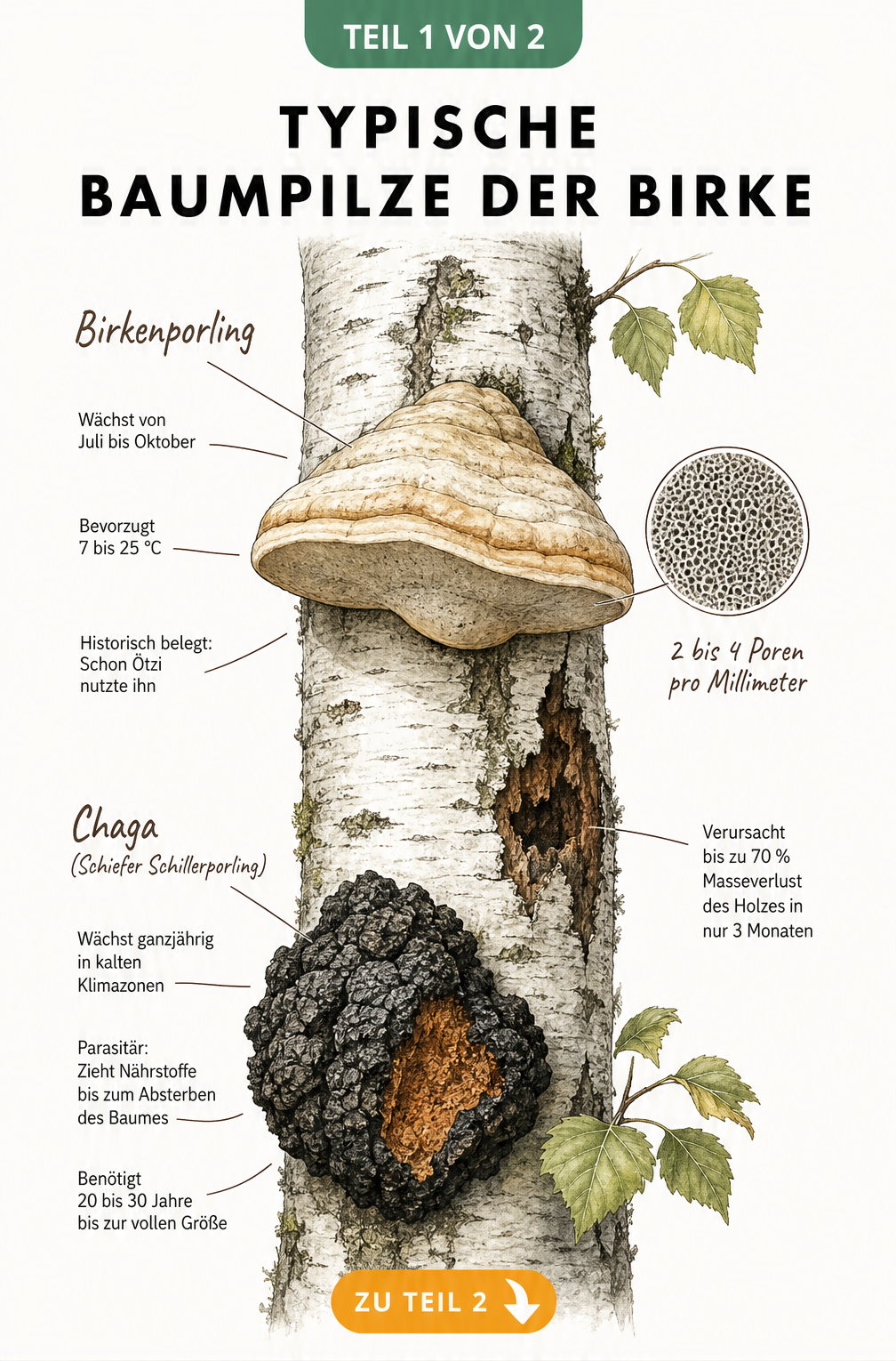 Illustration eines Birkenstamms mit Birkenporling und Chaga-Pilz