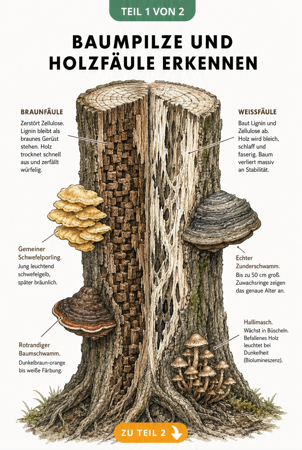 Illustration eines halbierten Baumstamms, der die Unterschiede zwischen Braunfäule und Weißfäule durch Baumpilze zeigt