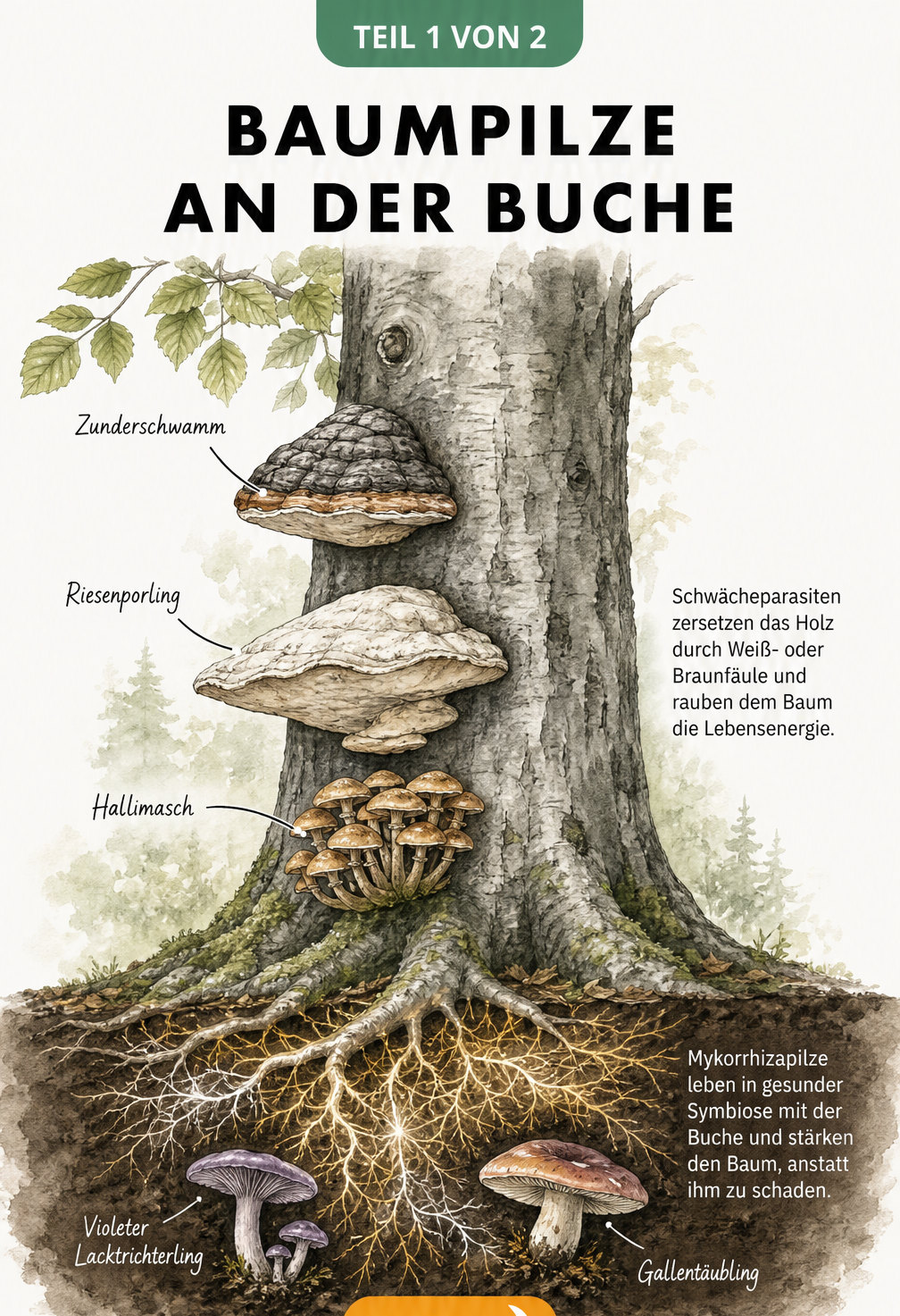 Botanische Illustration einer Buche im Querschnitt mit Zunderschwamm, Riesenporling und Mykorrhizapilzen