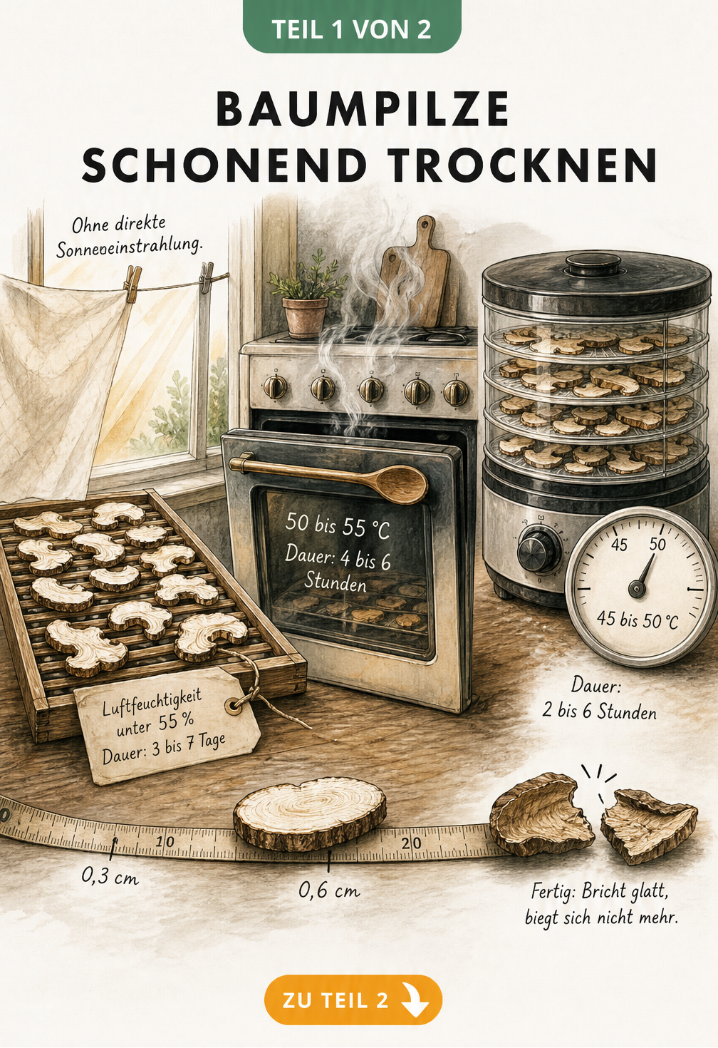 Illustration von drei Methoden zum Trocknen von Baumpilzen: Lufttrocknung am Fenster, im Backofen und im Dörrgerät mit Temperatur- und Zeitangaben.