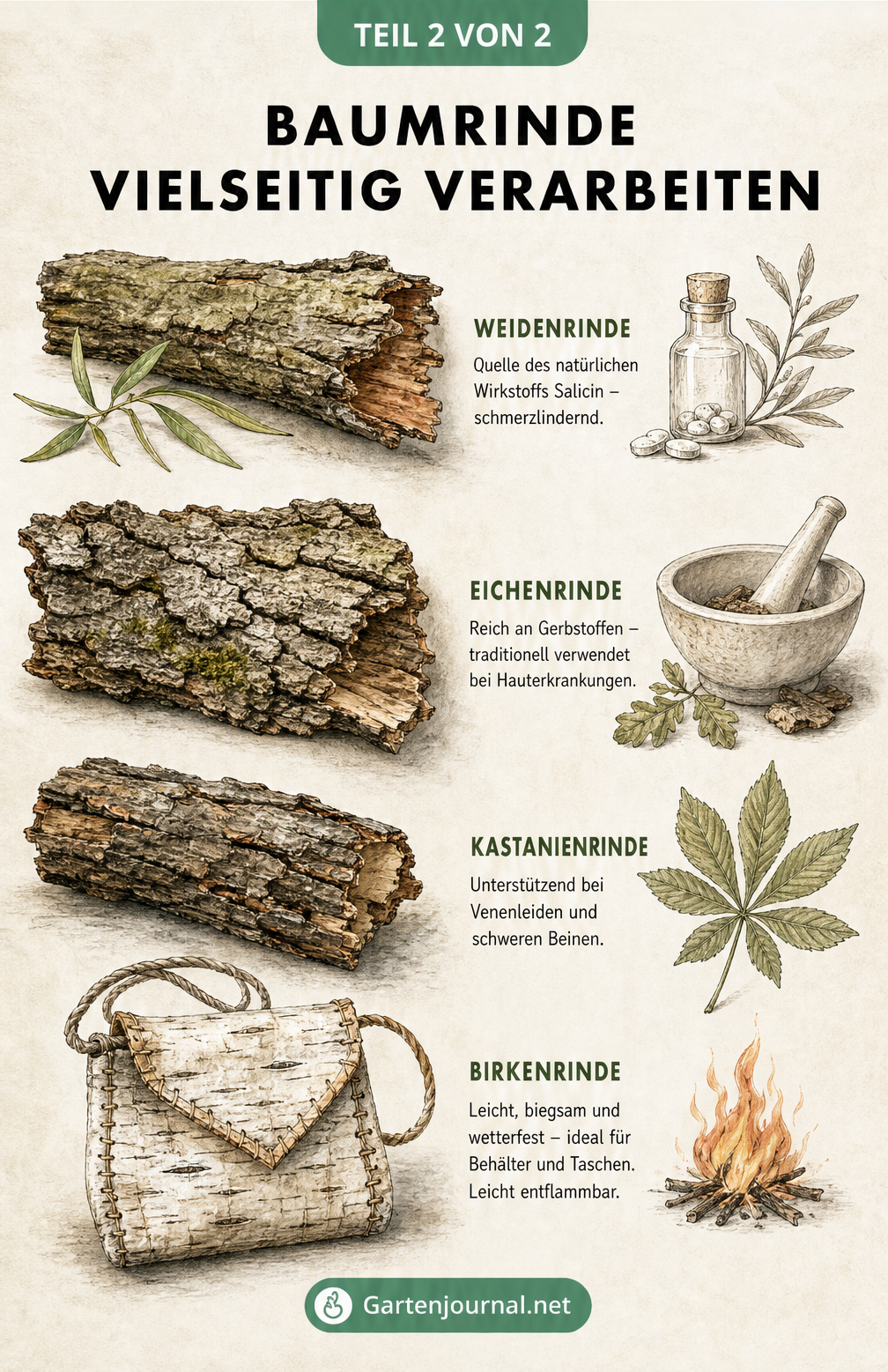 Botanische Zeichnungen von Weiden-, Eichen-, Kastanien- und Birkenrinde mit ihren Anwendungen