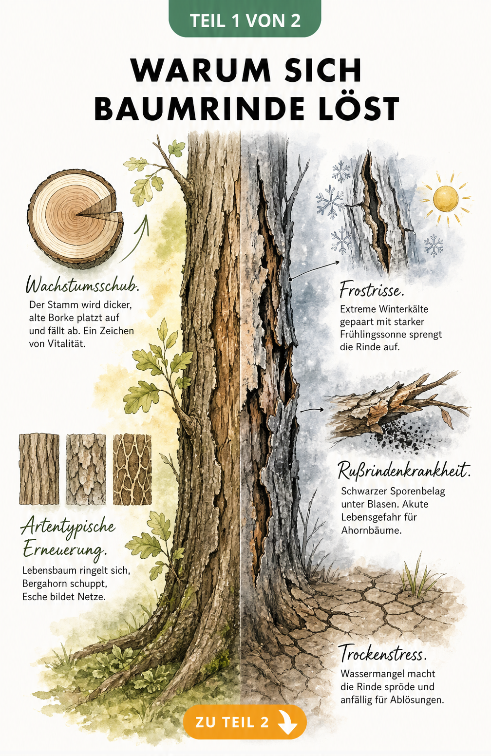 Illustration eines Baumstamms, der links gesundes Dickenwachstum und rechts Schäden durch Frost, Trockenheit und Rußrindenkrankheit zeigt.