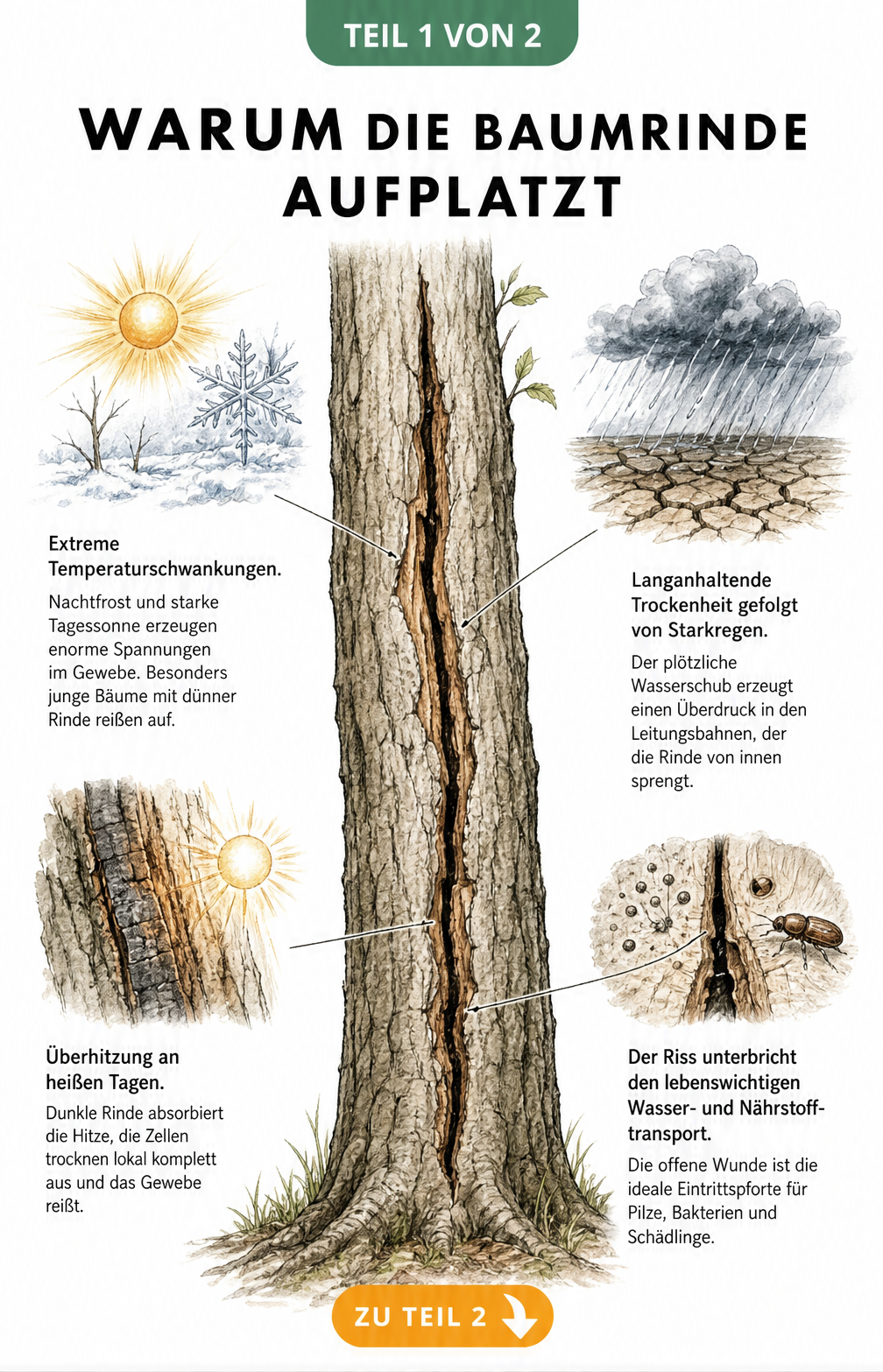 Illustration eines Baumstamms mit Längsriss und vier Detailansichten zu Ursachen wie Klimastress, Wasserdruck, Sonnenbrand und Folgeschäden durch Pilze und...