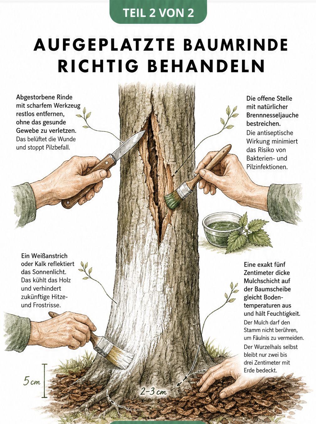 Zeichnung von Gärtnerhänden, die einen Baumstamm behandeln: Rinde glätten, Wunde mit Brennnesseljauche desinfizieren, Weißanstrich auftragen und Mulch...