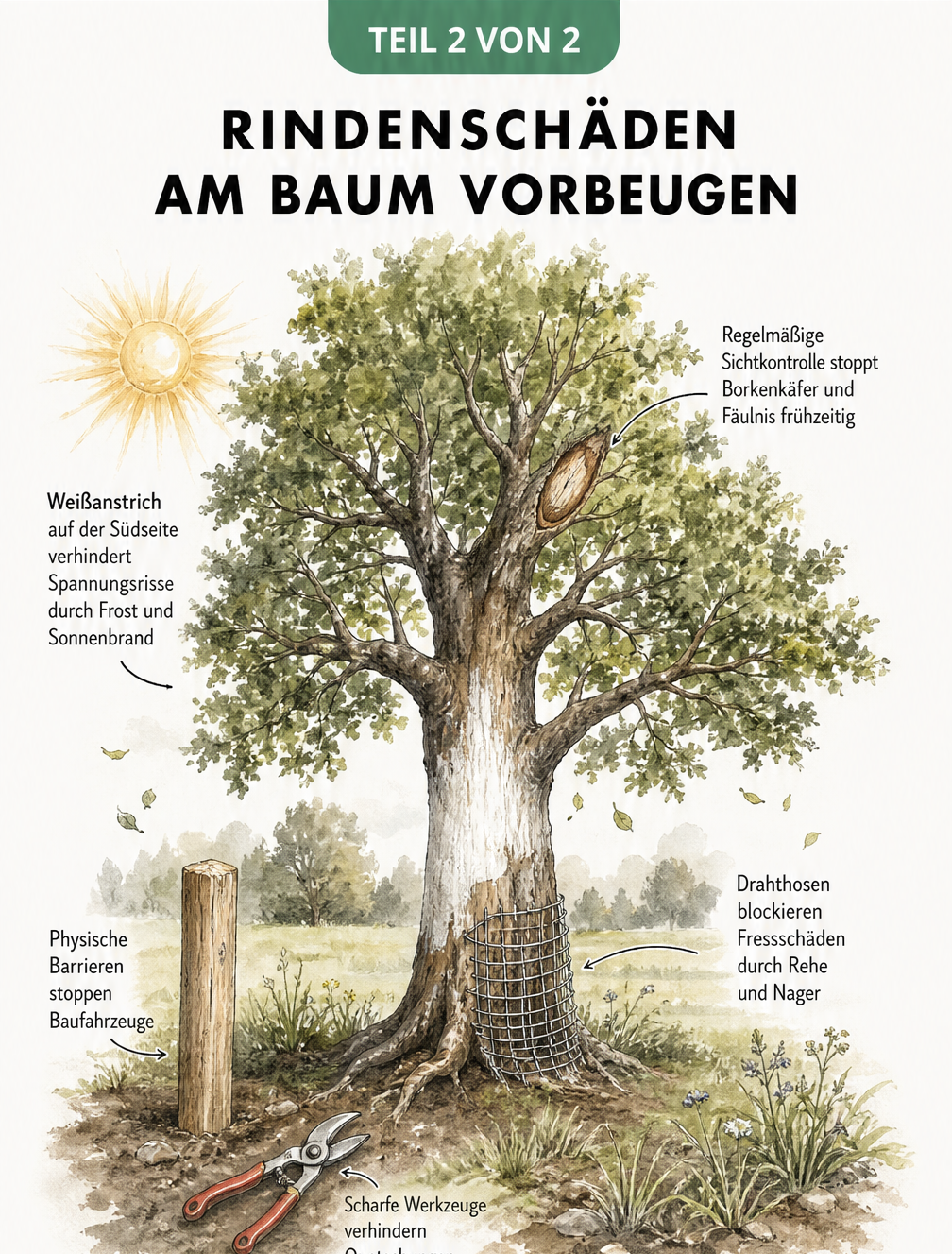 Zeichnung eines Baumes mit Schutzmaßnahmen wie Weißanstrich, Drahthose und physischen Barrieren.
