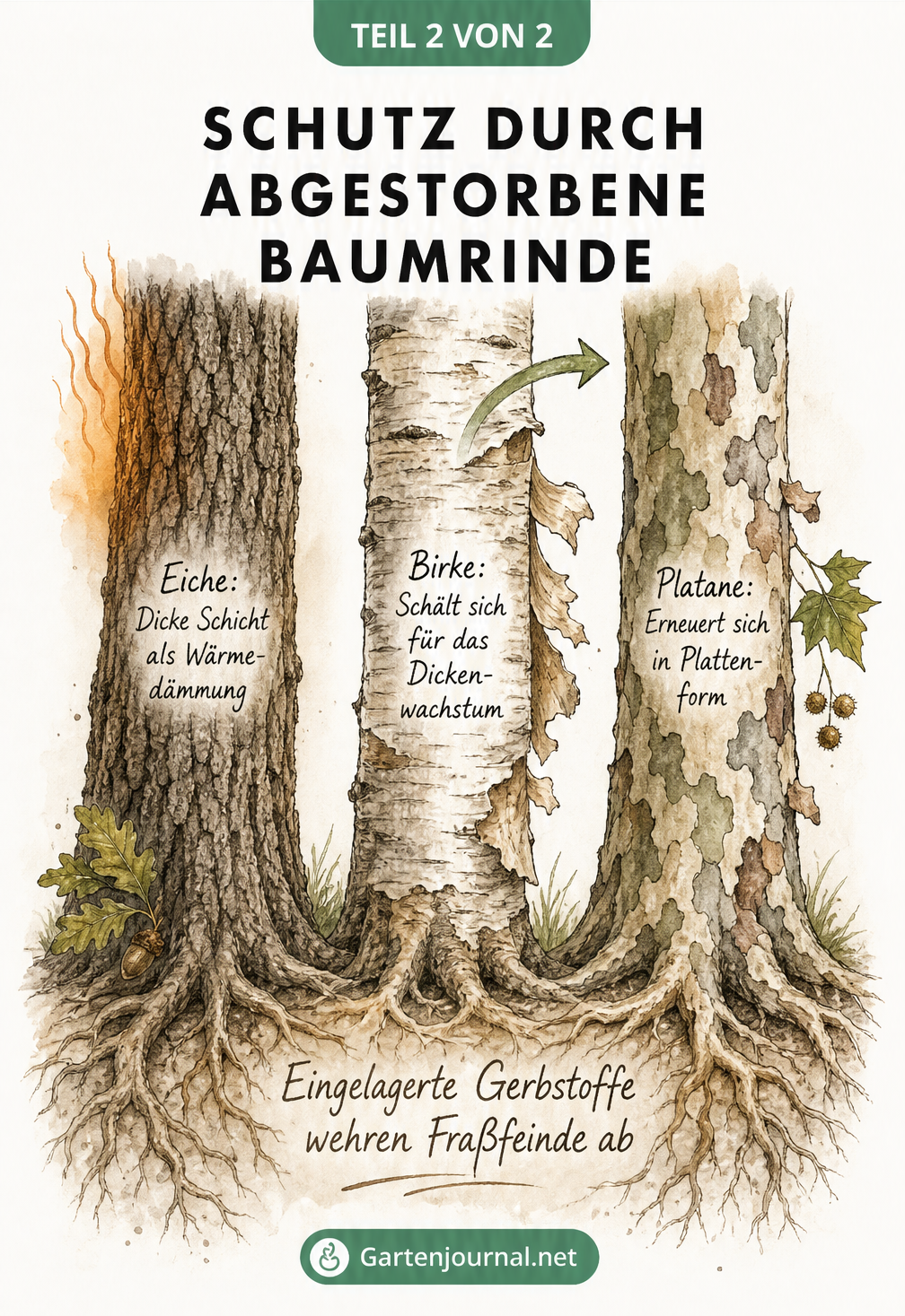 Illustration von Eiche, Birke und Platane mit Erklärungen zu ihren unterschiedlichen Rindenstrukturen