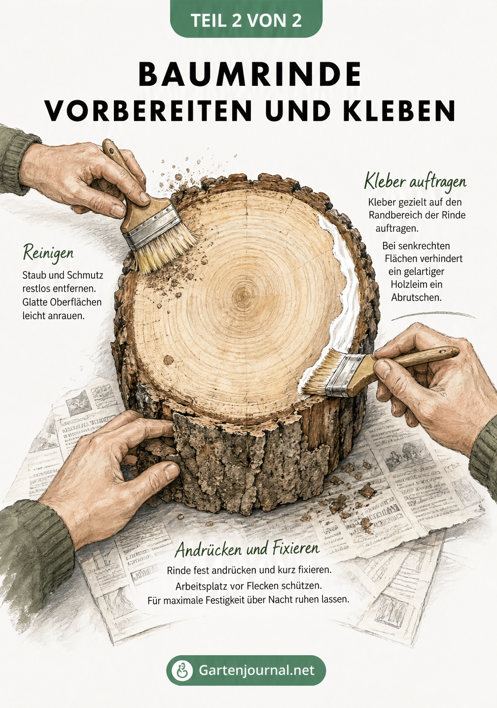Illustration einer Baumscheibe, die die drei Schritte zum Vorbereiten und Kleben von Baumrinde zeigt: Reinigen, Kleber auftragen und Anpressen.