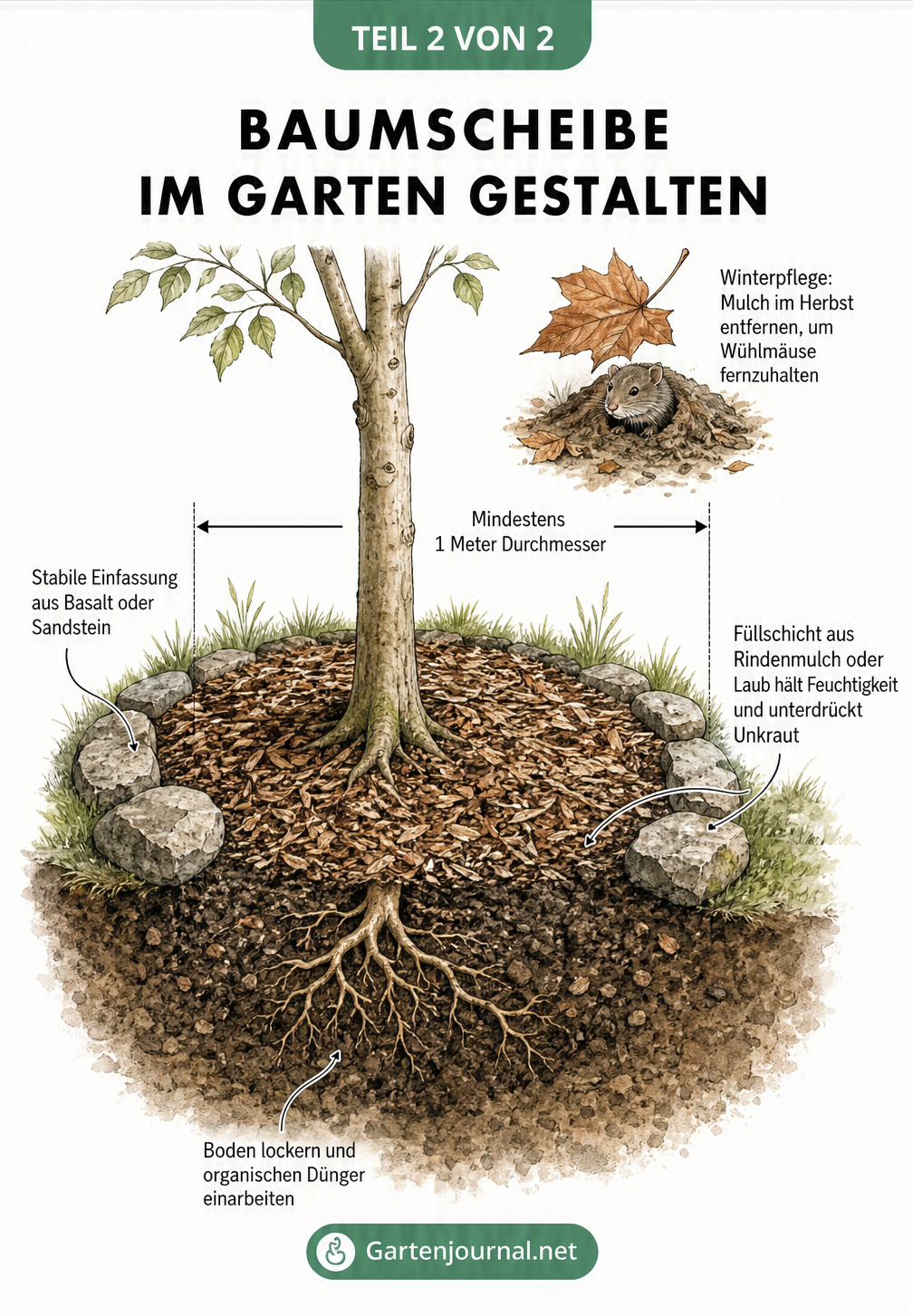 Botanische Schnittzeichnung einer Baumscheibe im Garten mit Rindenmulch, Natursteinen und Wühlmaus-Detail