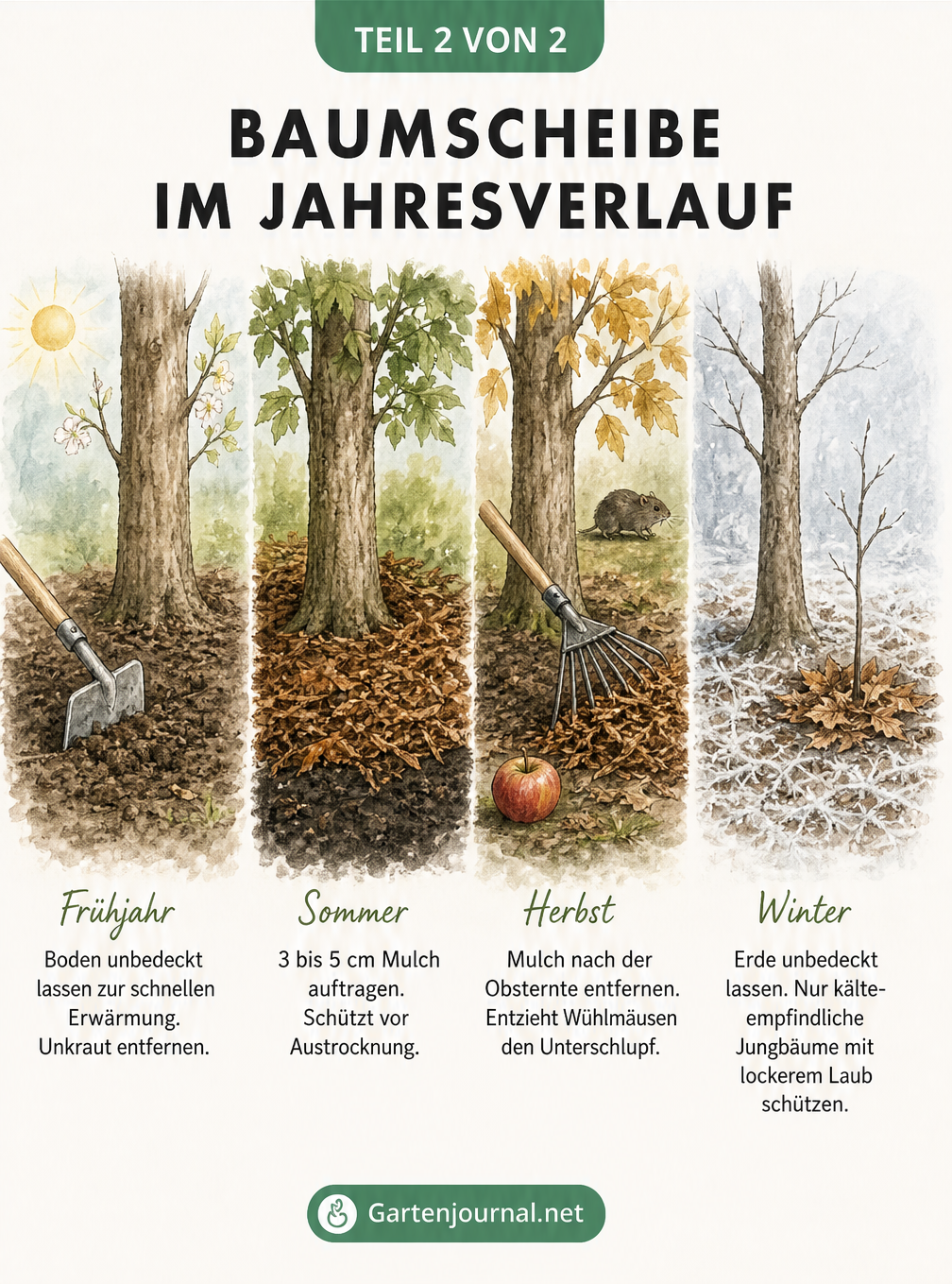 Vier Jahreszeiten einer Baumscheibe: unbedeckt im Frühjahr, gemulcht im Sommer, Mulch entfernen im Herbst, unbedeckt im Winter