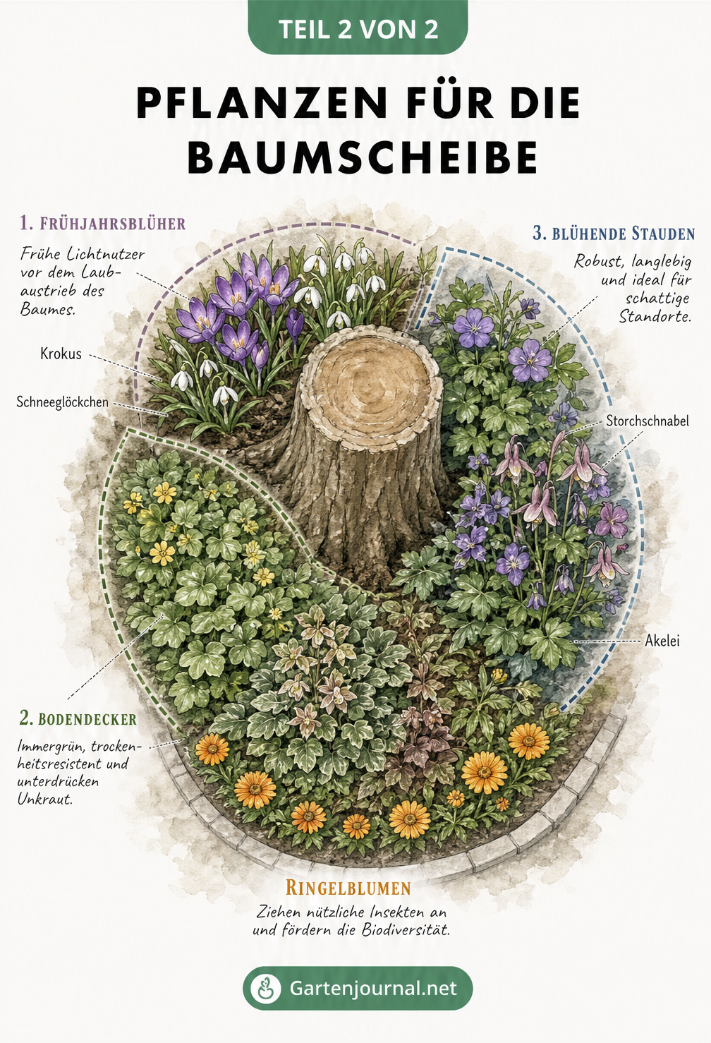 Botanische Illustration verschiedener Pflanzenzonen einer Baumscheibe mit Frühjahrsblühern, Bodendeckern und Stauden