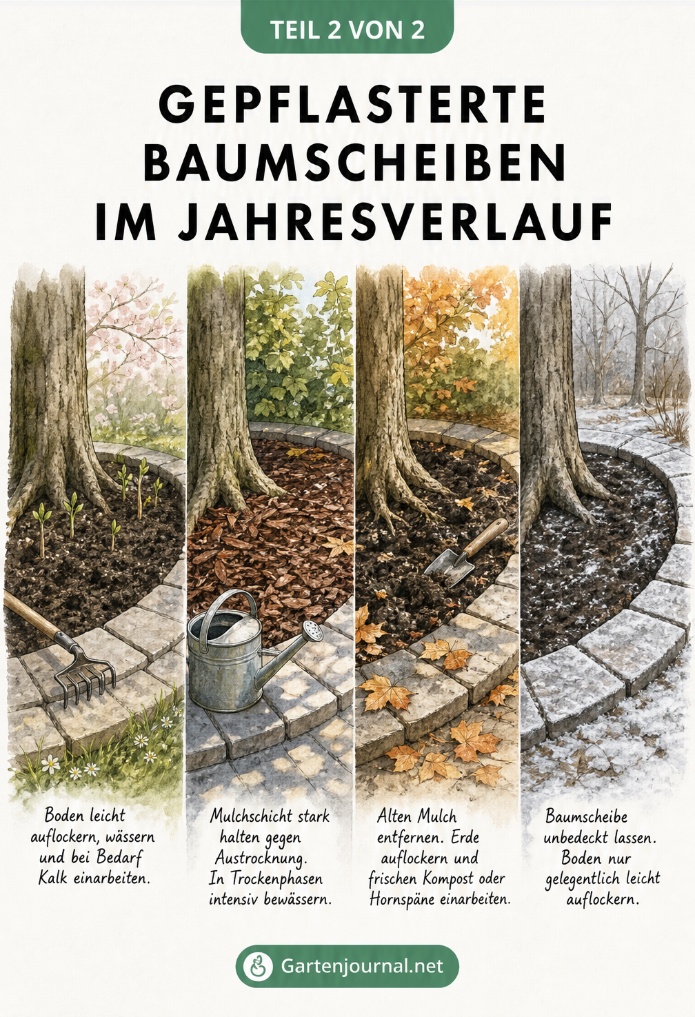 Illustration der Pflege einer gepflasterten Baumscheibe im Frühjahr, Sommer, Herbst und Winter
