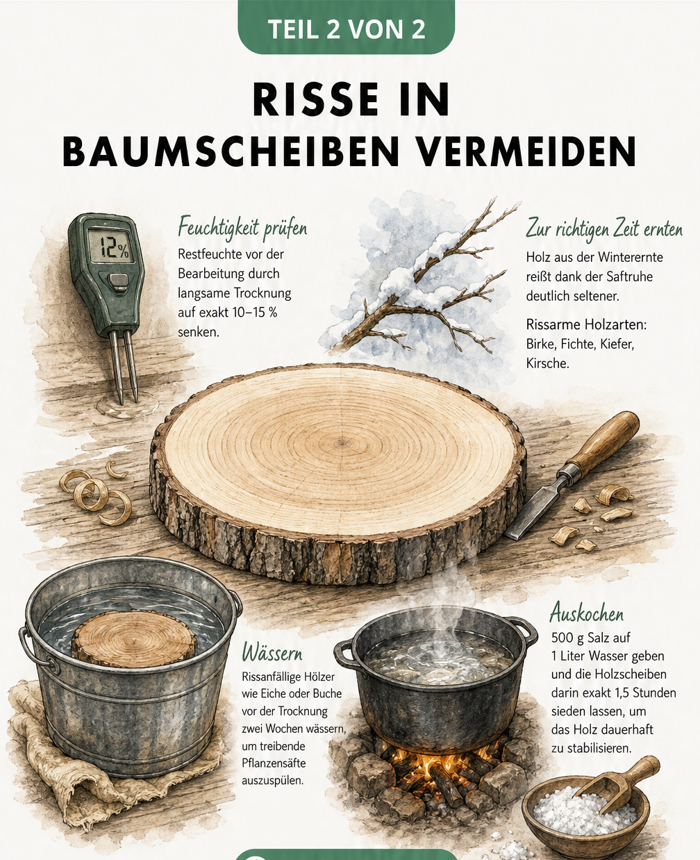 Illustration einer rissfreien Baumscheibe mit Methoden zur Rissvermeidung wie Feuchtigkeitsmessung, Winterernte, Wässern und Auskochen.
