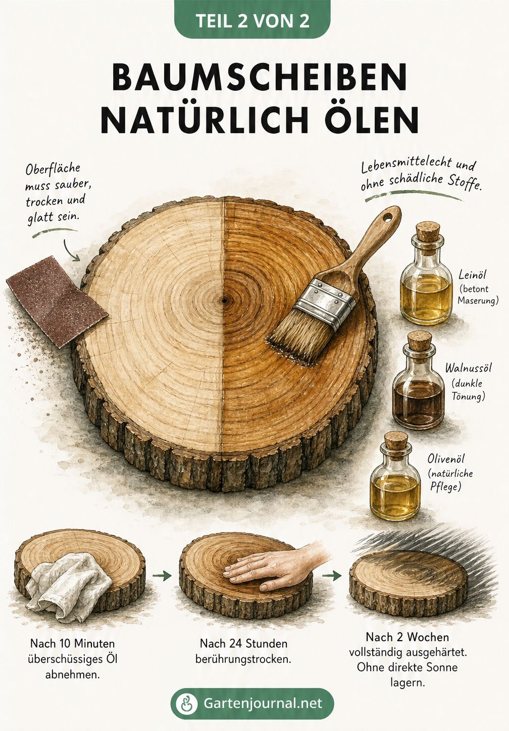Skizze einer Baumscheibe, die zur Hälfte unbehandelt und zur Hälfte geölt ist, mit Pinseln und verschiedenen Ölen wie Leinöl, Walnussöl und Olivenöl.