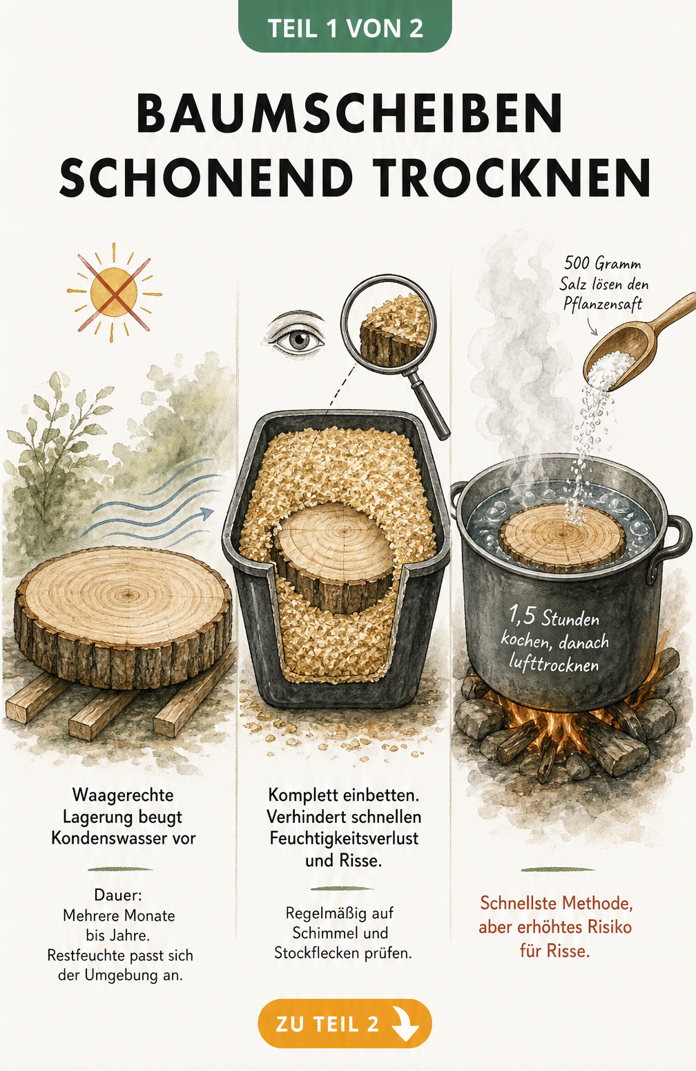 Illustration von drei Methoden zum Trocknen von Baumscheiben: Lufttrocknung, Einbetten in Sägemehl und Kochen in Salzwasser.