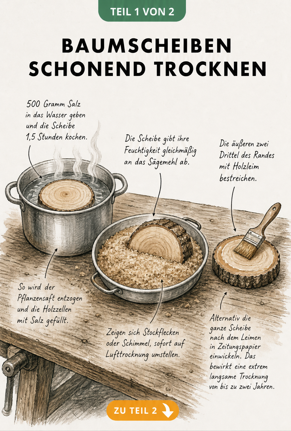 Illustration von drei Methoden zum Trocknen von Baumscheiben: Kochen in Salzwasser, Einbetten in Sägemehl und Bestreichen mit Holzleim.