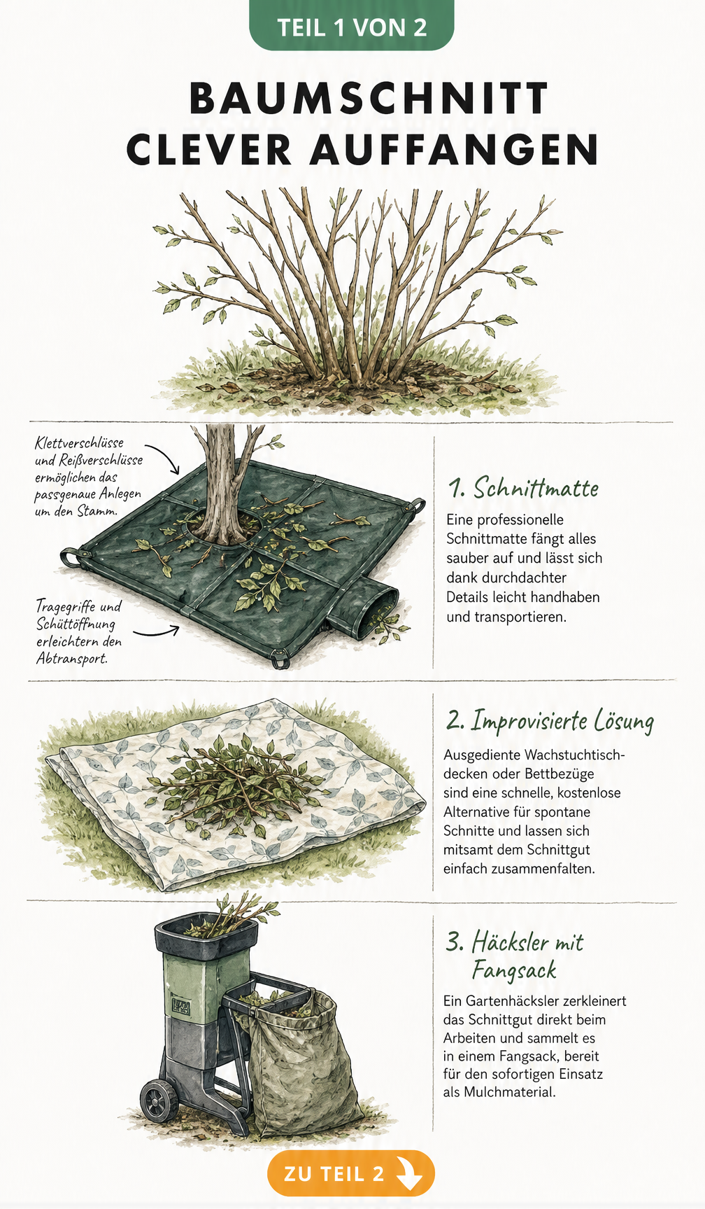 Illustration verschiedener Methoden zum Auffangen von Baumschnitt: Schnittmatte, Duschvorhang und Gartenhäcksler mit Fangsack