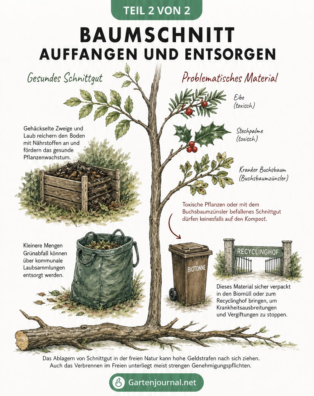 Illustration zur Entsorgung von Baumschnitt: Gesunde Zweige auf dem Kompost und kranke Pflanzenteile in der Biotonne