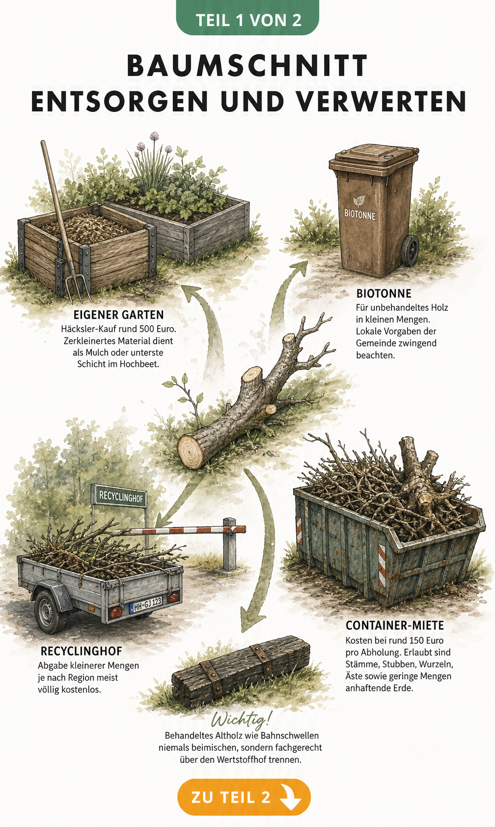 Illustration verschiedener Wege zur Entsorgung und Verwertung von Baumschnitt: Kompost, Biotonne, Recyclinghof und Container.