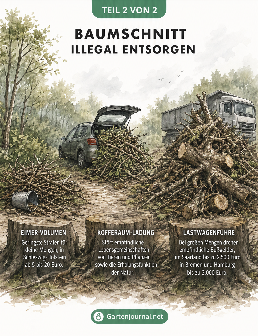 Illustration von illegal entsorgtem Baumschnitt im Wald in drei Mengen: Eimer, Kofferraum und Lastwagen, mit Hinweisen auf Bußgelder.