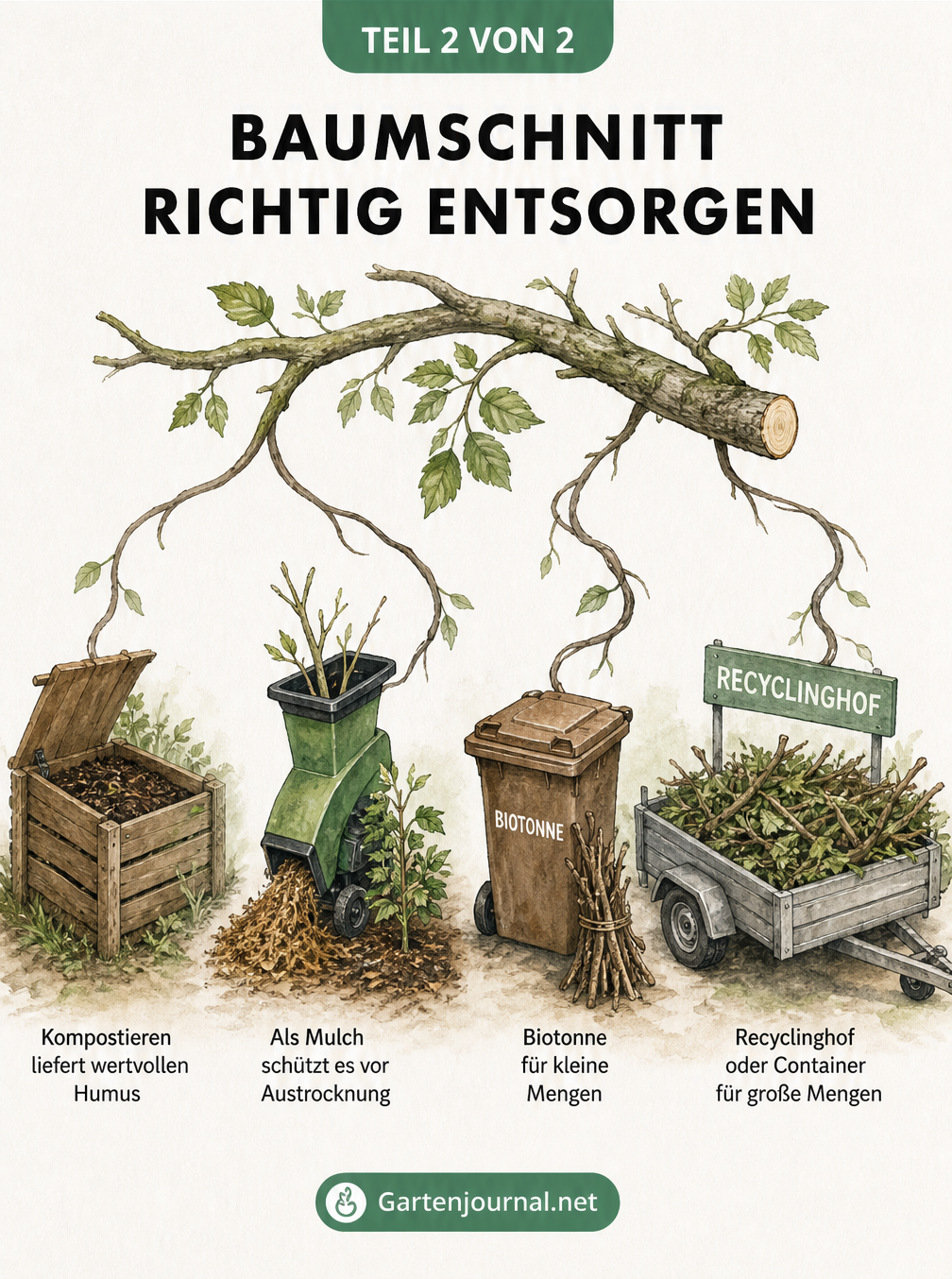 Zeichnung verschiedener Entsorgungswege für Baumschnitt wie Kompost, Mulch, Biotonne und Recyclinghof