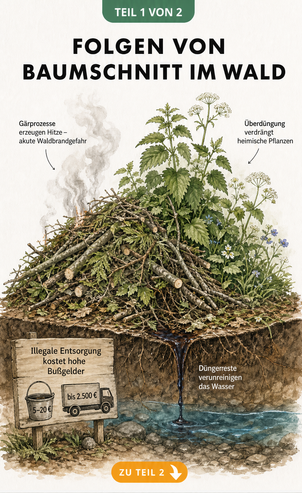 Illustration eines Haufens aus Baumschnitt im Wald, der Waldbrandgefahr, Überdüngung, Wasserverunreinigung und Bußgelder verursacht